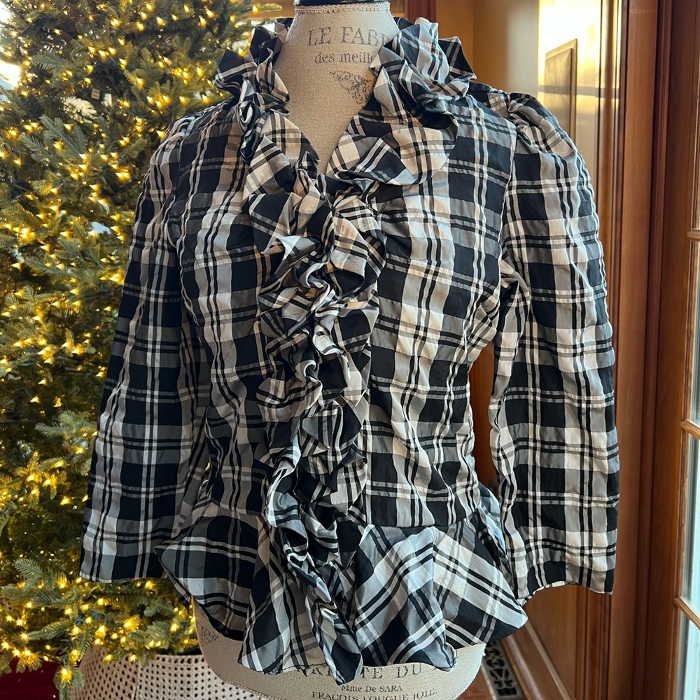 Boston Proper Black White Plaid Ruffle Blouse Peplum Women’s 12 Victorian
